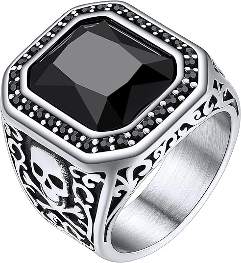 ChainsHouse Mens Black Onyx Rings, Retro X Bone Skull Stainless Steel Signet Rings for Men, Black