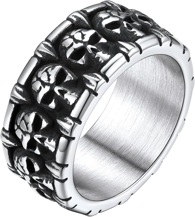 ChainsHouse Skull Rings for Men, Stainless Steel/Black Plated Gothic Rings, Skeleton Cocktail